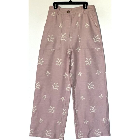 New Zara Pink Linen Blend Floral Embroidered High Rise Wide Leg Boho Pants - Picture 1 of 11